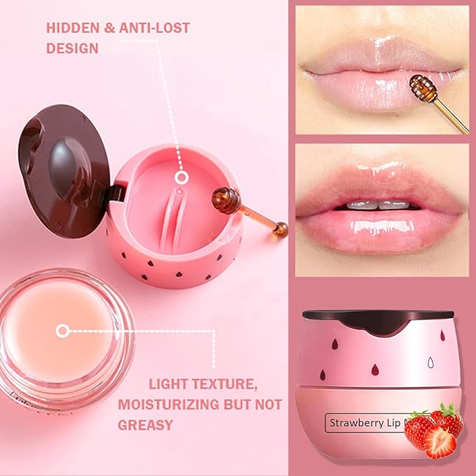 4 PCS Bee Lip Balm Honey Pot,Strawberry&Watermelon&Honey&Apple Lime Lip Mask Overnight Hydrating Prevention Dry and Cracked Lip Scrubs Exfoliator Lip Care, Lip Sleeping Mask Reduces Lip Lines-Velvo Beauty