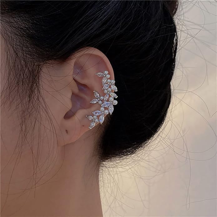 Vintage Crystal Pearl Ear Cuff Earrings Rhinestone Butterfly Cuff Wrap Earrings Cz Butterfly Ear Climber Cuff Earrings Silver Pearl Cz Non Piercing Earring Jewelry for Women(Left)-Velvo Beauty