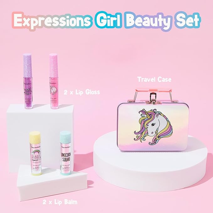 Expressions - 5pc Cosmetics Lip Kit For Kids w/Lip Glosses, Lip Balms & Tin Box Storage Case,I Believe in Unicorns Hologrpahic,Washable + Non Toxic-Velvo Beauty