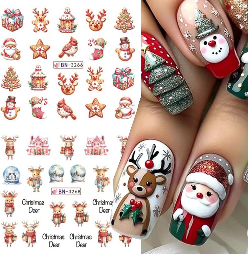 Christmas Nail Art Stickers Snowman Snowflake Water Transfer Nail Decals Xmas Winter Nail Art Decorations Cute Penguin Santa Claus Elk Gingerbread Man Gift Design Nail Foil Sticker for Women DIY Nails-Velvo Beauty