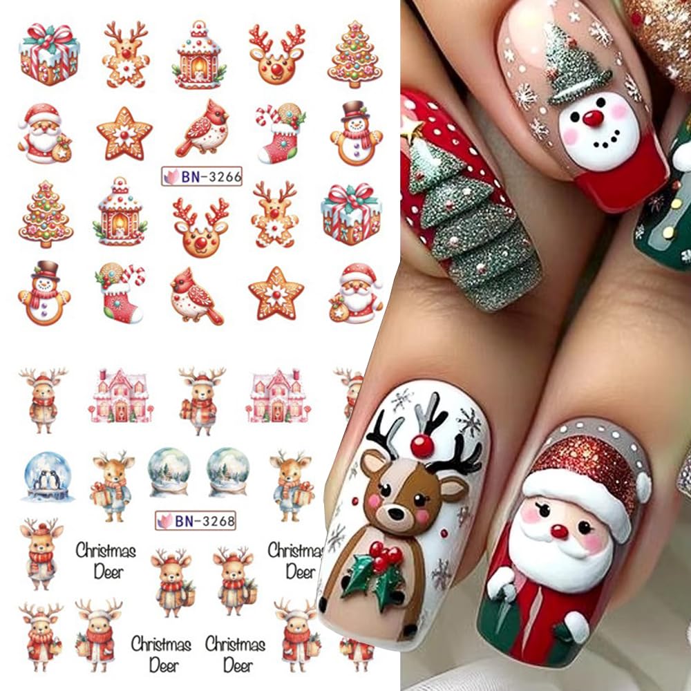 Christmas Nail Art Stickers Decals Winter Snowflake Snowman Acrylic Nail Decals Santa Claus Holographic Water Transfer Nail Foils Cute Gingerbread Man Xmas Tree Elk Penguin Sticker for Women DIY Nails-Velvo Beauty