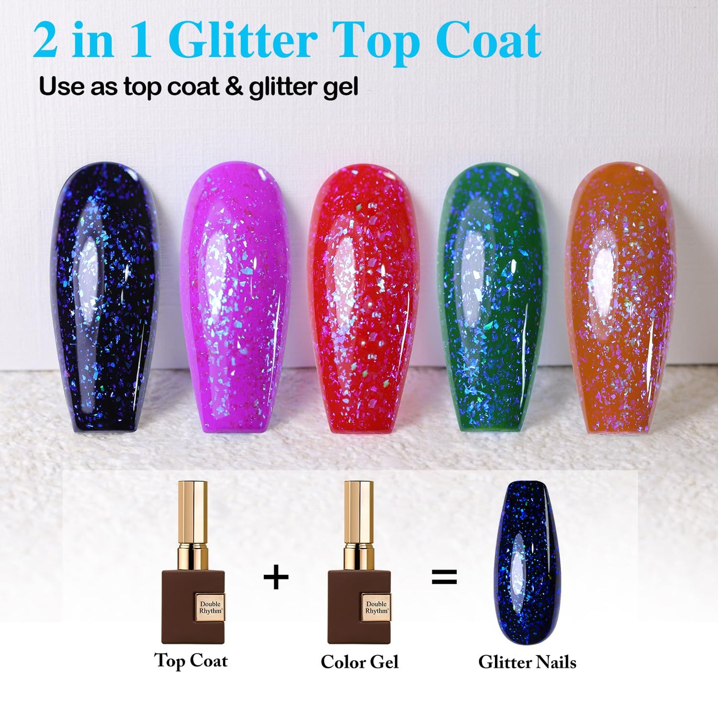 Double Rhythm 15ML No Wipe Gel Top Coat Base Coat Iridescent Glitter Shimmer 2 in 1 Nail Polish Soak Off Manicure DIY Home Salon (AURORA TOP COAT 5)-Velvo Beauty