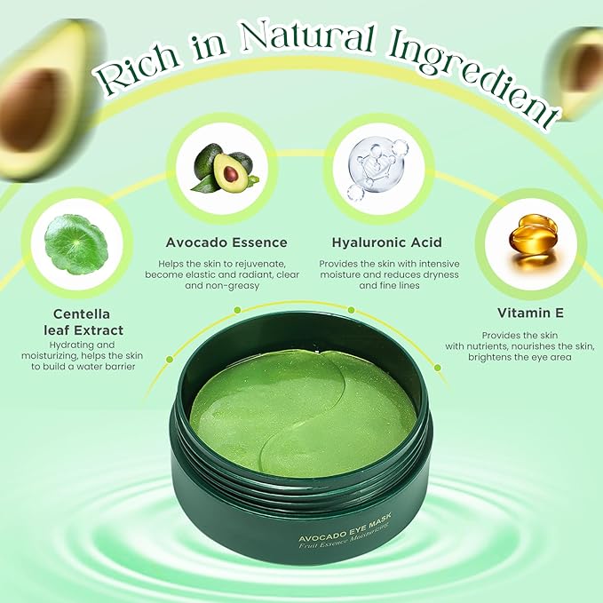 60 Pack Avocado Extract Eye Masks,Hyaluronic Acid Augenpads,Moisturising Eye Mask,Remove Dark Circles,Tear Bags,Wrinkles,Puffiness,Suitable for All Skin Types-Velvo Beauty