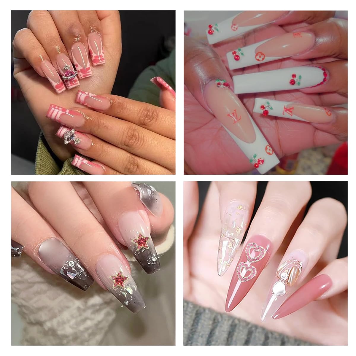 60Pcs Nail Charms Rhinestone Red Pink Cherry Nail Art Gems Star Heart Planet Nail Jewelry Decorations Saturn Shape Acrylic Nail Accessories for Women Girl DIY Crafts Supplies-Velvo Beauty