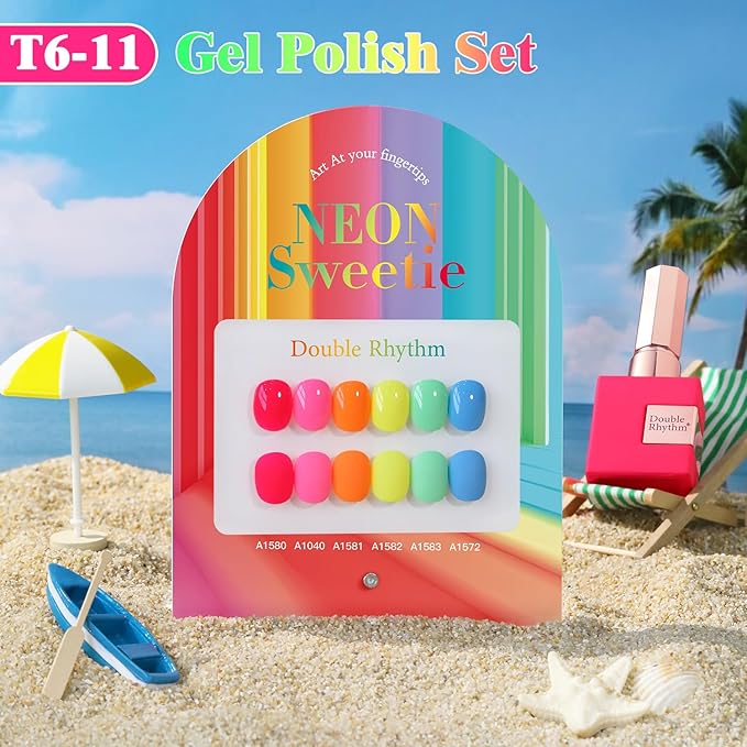 Double Rhythm 6 Pcs 15 ML Gel Polish Set Same Color Same Bottle Soak Off Gel Polish Kit Nail Art Manicure Salon DIY at Home for Women (Pastel Red Pink Orange Yellow Green-T6-11)-Velvo Beauty