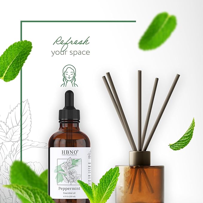 HBNO California Bottled Peppermint Essential Oil 4 fl oz (120ml) - Premium Grade Natural Peppermint Oil for Hair, Skin & Scalp Care - Ideal for Masage, Diffusers & Aromatherapy - with Glass Dropper-Velvo Beauty