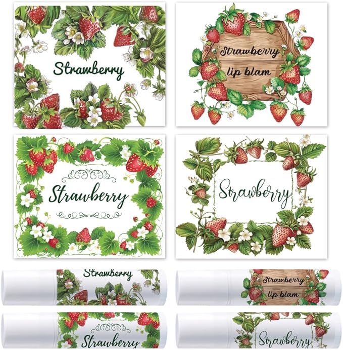 OLYCRAFT 100Pcs Self-Adhesive Lip Balm Tag Stickers 2.1x1.7 inch Waterproof Adhesive Label with Strawberry Rectangle Lipstick Tag Sticker for Lip Balm Container Tubes Lipstick Wrapping Decoration-Velvo Beauty