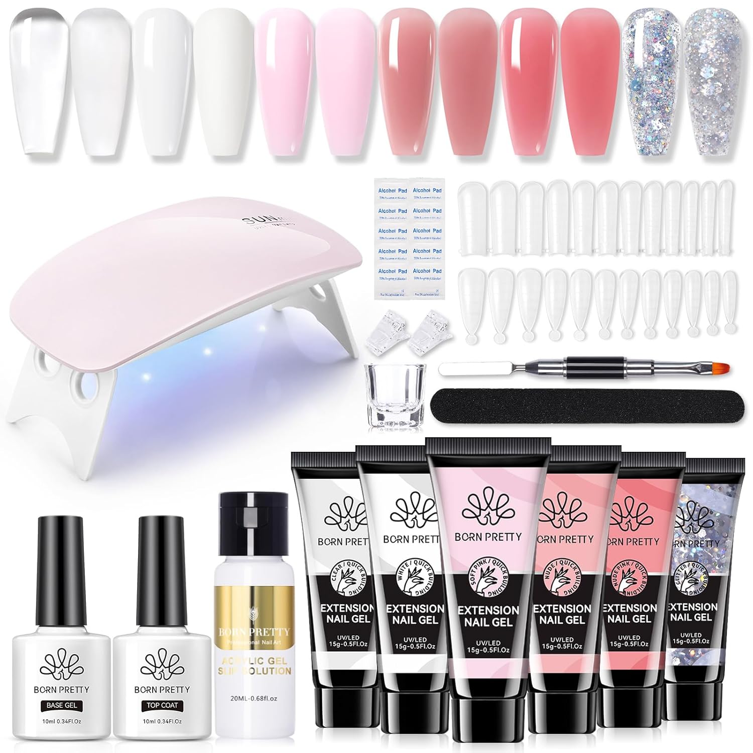 BORN PRETTY Poly Nail Extension Gel Kit-6 Colors Poly Nails Gel Kit Nude Clear Jelly Pink All In One Kit Builder Glue Gel with Nail Lamp Base Top Coat Set Nail Forms French Manicure Set for Beginner Starter DIY at Home Mother's Day Gifts-Velvo Beauty