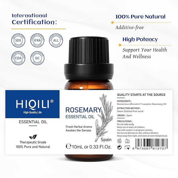 HIQILI Rosemary Oil for Hair Growth, Skin, Scalp, 100% Pure Natural, Add to Shampoo & Conditioner - 0.33 Fl Oz/10 ML-Velvo Beauty