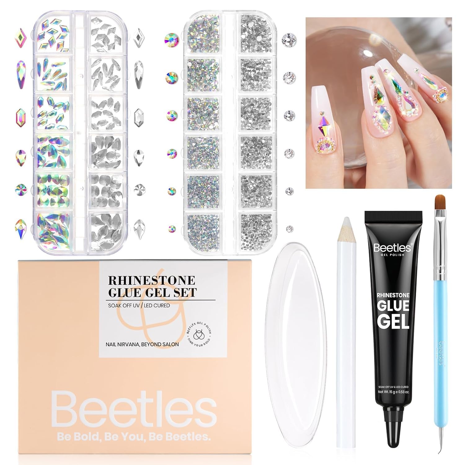 Beetles Gel Polish Nail Glue with Nail Gems Set, 15ml Nail Rhinestone Glue &120+2000Pcs Crystal Glass AB Rhinestones for Nails Art, Nail Gems with Double-Ended Clean Up Nail Brush Gifts for Girls-Velvo Beauty