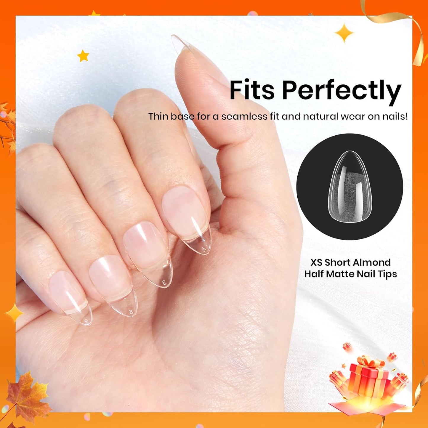 Beetles Gel Nail Tips 576Pcs Pre-shape Short Almond Etch-X Nail Tips,12 Sizes Soft Nail Tips Half Matte False Nails for Fall Nails Full Cover Press On Nail Nail Extensions Set for Women-Velvo Beauty