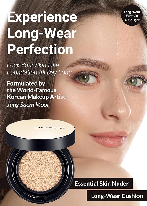 JUNG SAEM MOOL Essential Skin Nuder Longwear Cushion 0.98 Fl Oz (Fair Light), Refill Included, 24H Lasting Cushion Foundation with High Coverage, Semi-Matte Natural Finish, Korean Foundation Makeup-Velvo Beauty