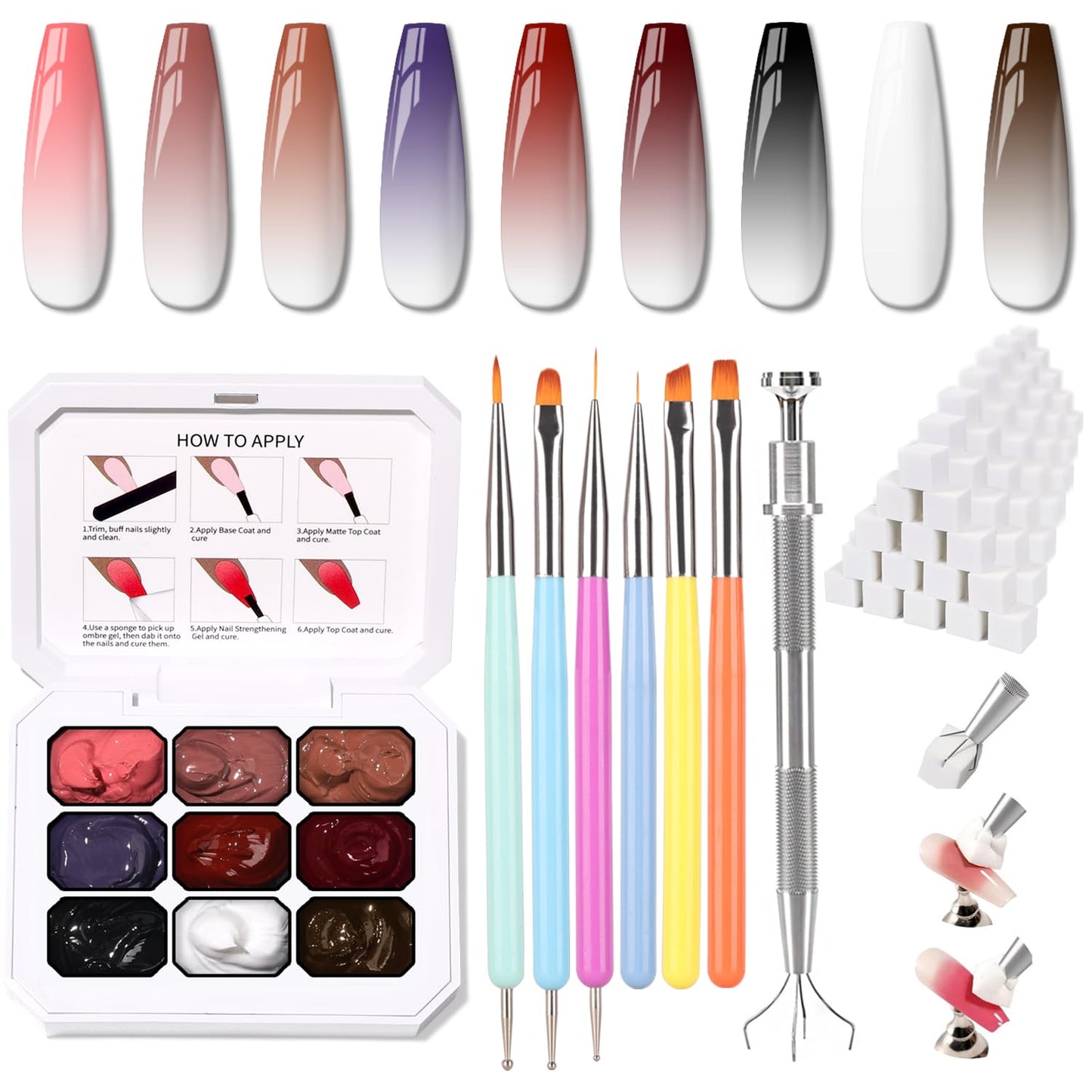 Sponge Pat Paint Nail Gel & Tools Kit, 9 Colors Ombre Nails Gradient Gel Nail Blush Blooming Aura Nails Drawing Stripper Floral Painting Nail Art, No Wipe, UV/LED Curing (9 Colors Set H)-Velvo Beauty