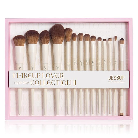 Jessup Makeup Brushes 14Pcs Makeup Brush Set Premium Synthetic Powder Foundation Contour Blush Concealer Eye Shadow Blending Liner Make Up Brush Kit Light Grey with Gift Box, T329-G-Velvo Beauty