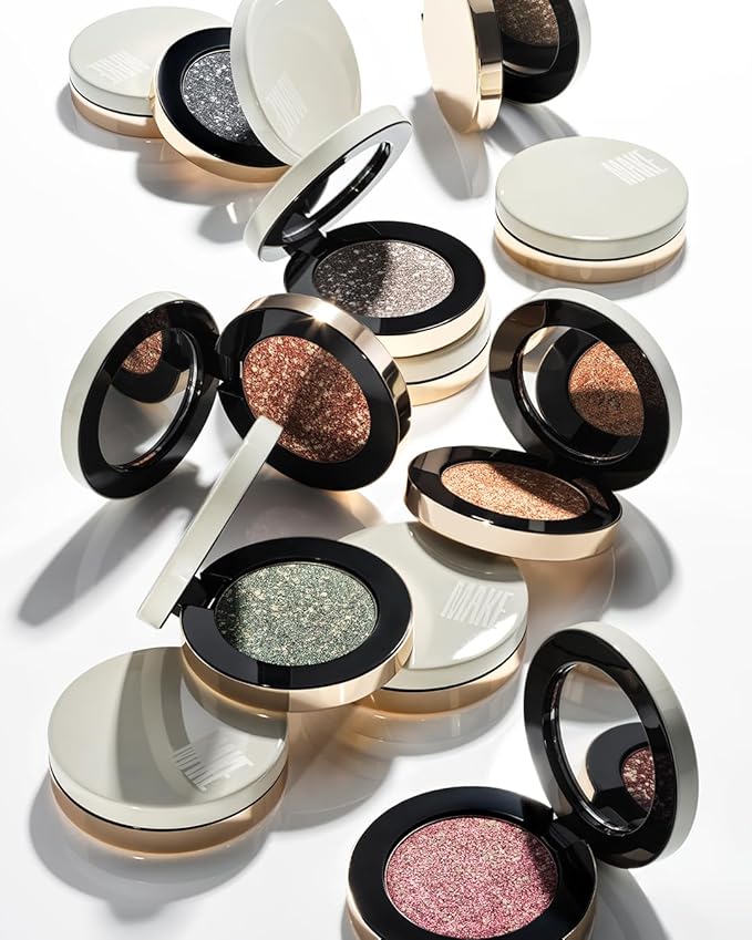 MAKE Beauty Multi-Chromatic Eye Shadow. Metal Reflecting Luminous Foil Finish Creamy, Buildable, Dimensional Long-wear, Crease-proof Powder Eyeshadow, Multichrome Shade - Stardust, Emerald Green-Velvo Beauty