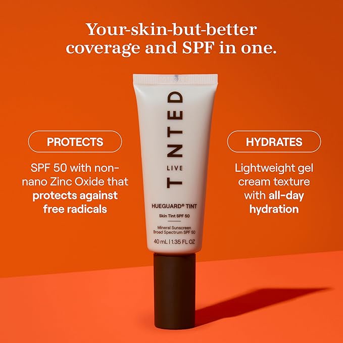 Live Tinted Hueguard Skin Tint SPF 50 - Tinted Mineral Sunscreen with Light-Medium Buildable Coverage With a Hydrating and Radiant Finish - Water and Sweat Resistant, 1.35 fl oz - Shade 08-Velvo Beauty