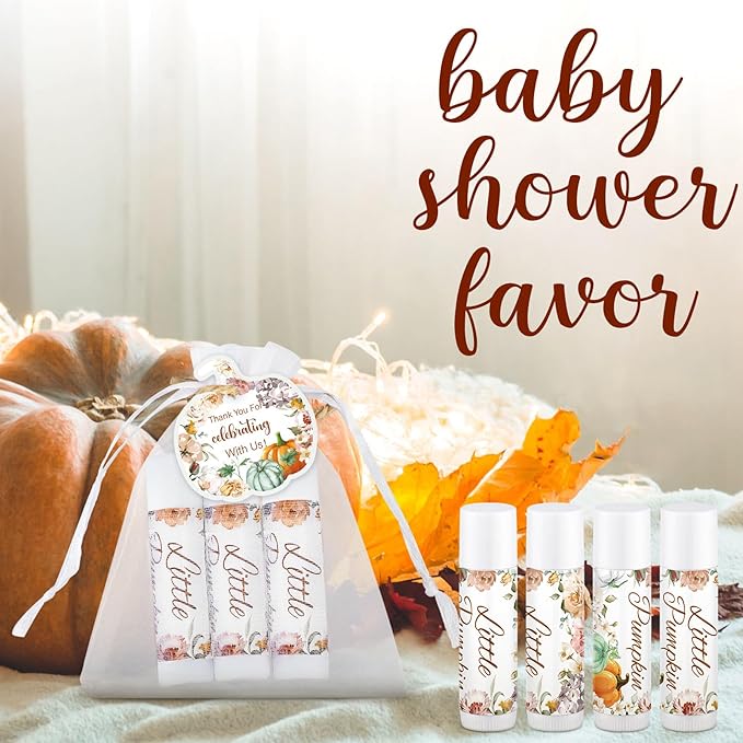 Demissle 50 Pcs Baby Shower Lip Balm Gift Set with 100 Pcs Organza Bags Baby Shower Party Favor for Guest Thank You Tag Rope Baby Shower Party Decoration Gender Reveal Souvenirs (Pumpkin and Flowers)-Velvo Beauty