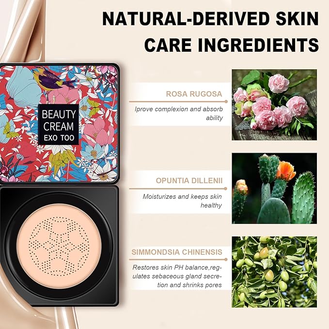 2 Pack Beauty Cream EXO TOO Foundation, Beauty Cream Makeup Base, Moisturizing, Long Lasting Matte Air Cushion CC Cream Concealer with Two Mushroom Head Sponges-Velvo Beauty