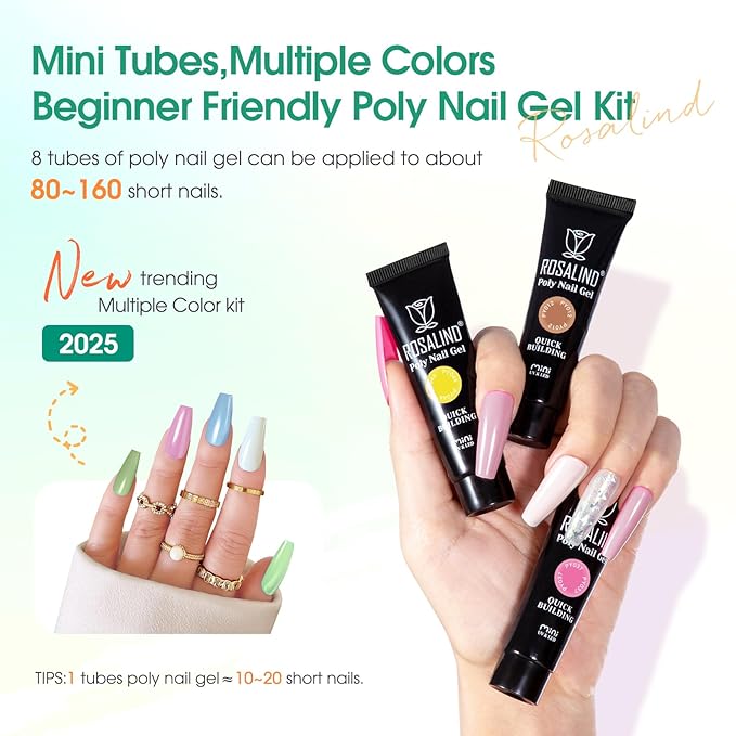 ROSALIND 8PCS Poly Nail Gel Kit with Mini Nail Lamp Clear Nude Poly Nails Gel Kit Starter Kit Nude Pink Nail Extensions Gel Set-Velvo Beauty