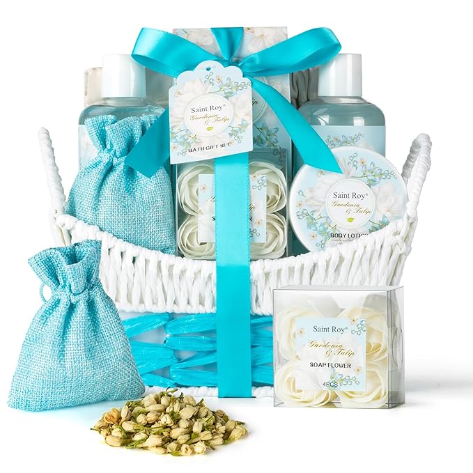 Mother's Day Gift for Mom Spa Gift Baskets for Women, Gardenia Tulip Home Spa Kit with Cosmetic Bag gift woman. Bath & Body Basket Set 8Pcs Bath and Body Gifts Set, Luxury Gift Basket-Velvo Beauty