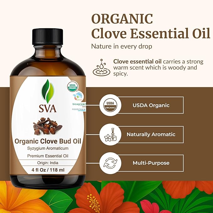 SVA Clove Essential Oil Organic – 4 Fl Oz – 100% Natural Organic Clove Oil - for Diffuser, Hair Care, Face, Skin Care, Aromatherapy, Scalp and Body Massage, Soap and Candle Making - with Dropper-Velvo Beauty
