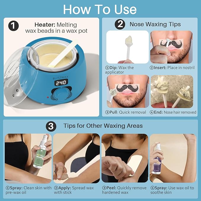 BLITZWAX Back and Nose Waxing Kit for Men, Hard Wax Warmer for Brazilian, Body and Face, At Home Hair Removal Kit, Beginner Friendly, Quick Heating, 93 Accessories, Royal Blue-Velvo Beauty