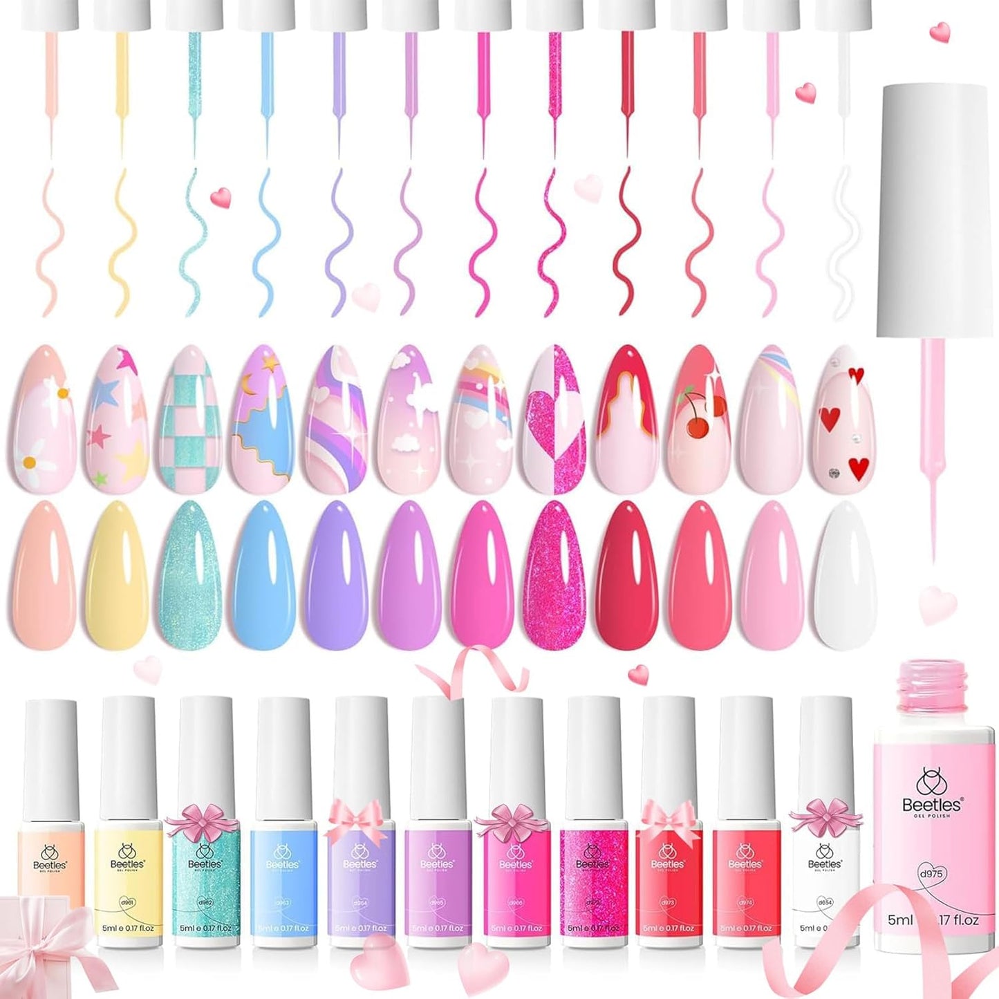 beetles Pink 12 Colors Nail Art Gel Liner, Summer Blue White Glitter Gel Nail Polish Painted Soak Off Uv Lamp Art Nails Red Yellow for Thin French Line Nails Manicure Gift for Women-Velvo Beauty