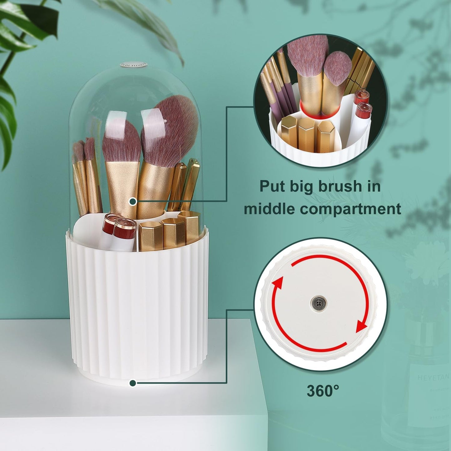 JessLab Makeup Brush Holder Organizer with Lid, 360 Degree Rotatable Makeup Brush Organizer Spinning Cosmetics Holders Brush Storage Box Display for Bathroom Vanity Countertop, White-Velvo Beauty