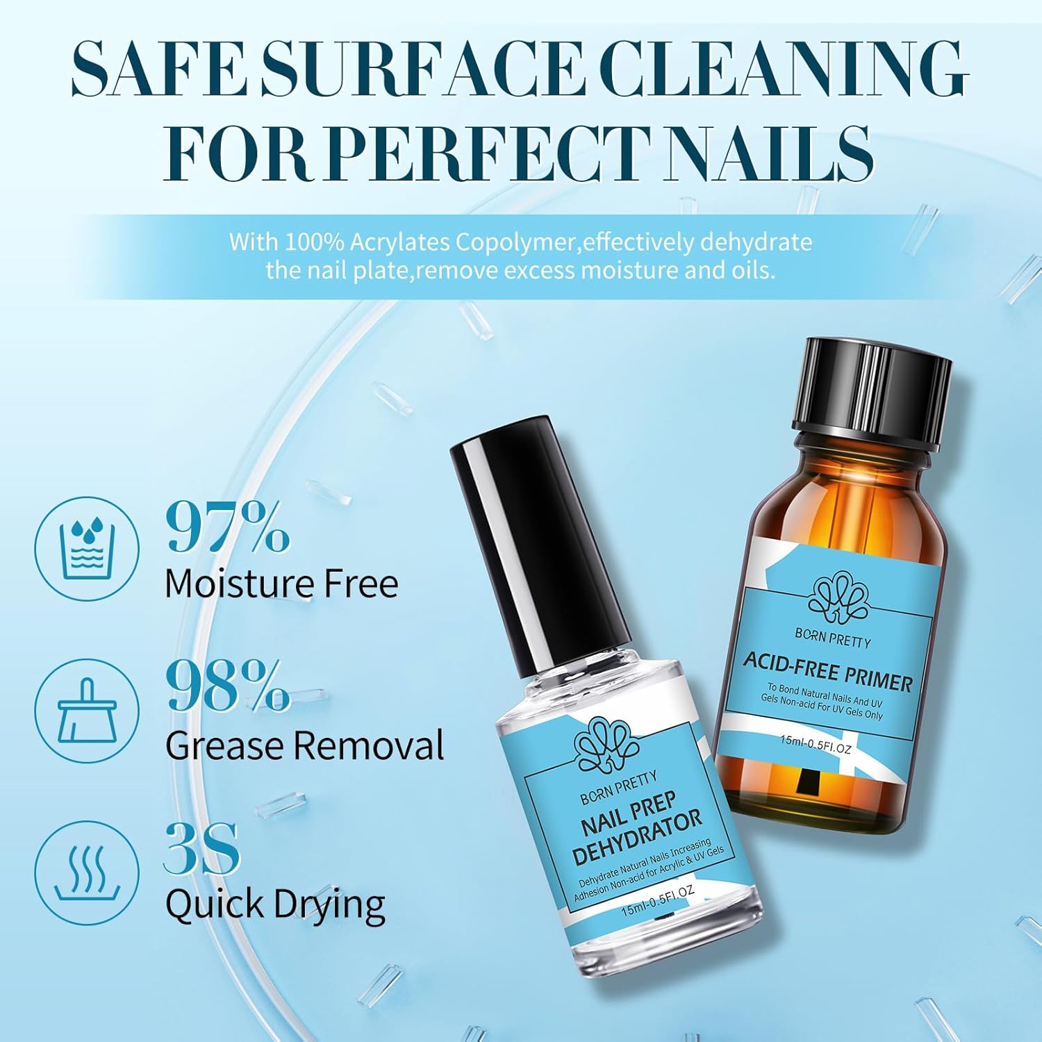 BORN PRETTY Natural Nail Prep Dehydrate and Bond Primer Acid-Free,15ml Dehydrator for Acrylic and Gel Nail Polish, Non Acid Primer for UV Gels Fast Dry Superior Bonding Agent Gift Box Set-Velvo Beauty