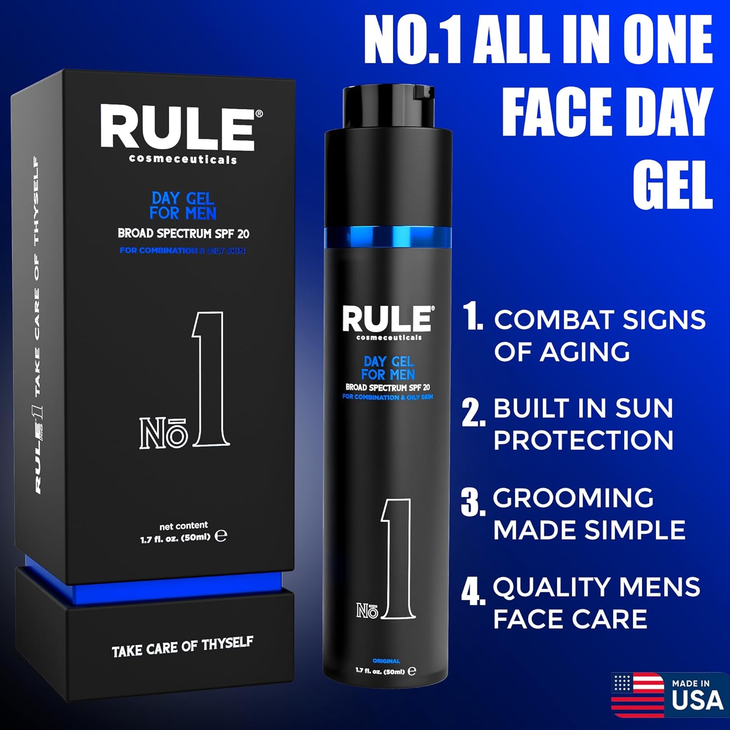 No.1 Day Gel for Men, 10-in-1 Anti-Aging Face Moisturizer to Reduce Wrinkles, SPF 20, Collagen, Vitamins B, C & E - Combination & Oily Skin - Original, 50 mL-Velvo Beauty