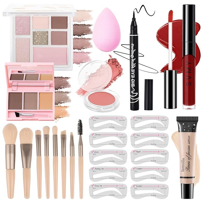 Makeup Kit for Teens Girls, Makeup Present Set for Women, Makeup Full Kit for Beginners, Mini Makeup Bundle Include 7 Pink colors Matte & Shimmer Pigmented Eyeshadow Palette, Eyebrow Powder-Velvo Beauty