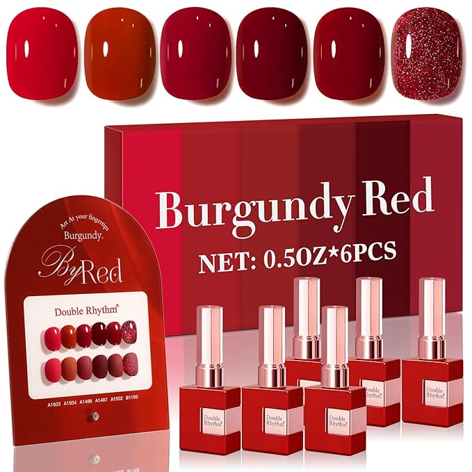 Double Rhythm 6 Pcs 15 ML Gel Polish Set Same Color Same Bottle Soak Off Gel Polish Kit Nail Art Manicure Salon DIY at Home for Women (Glitter Burgundy Dark Cherry Red Maroon-T6-7)-Velvo Beauty