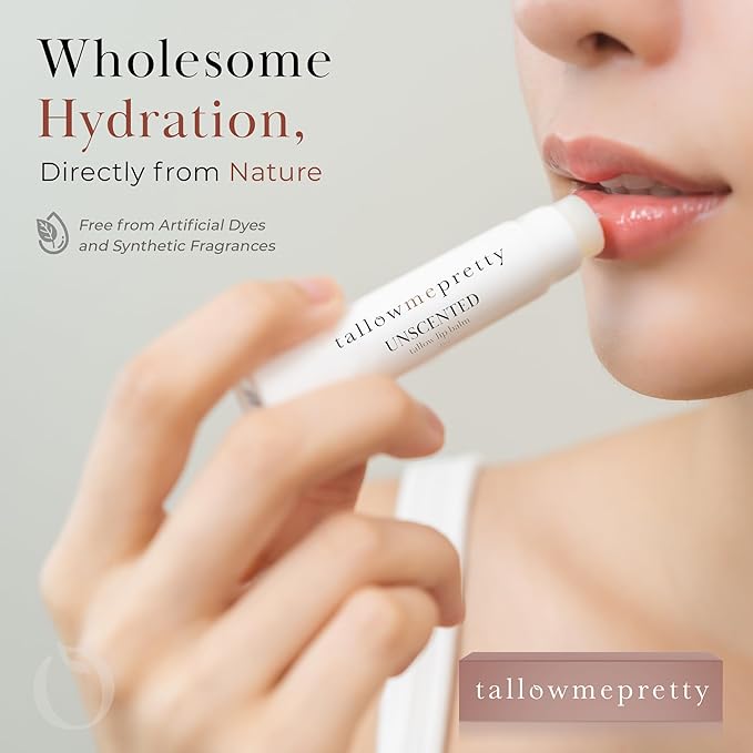 Unscented Lip Balm, Ultra-Soothing, Deeply Hydrating Tallow Lip Balm with Grass Fed Beef Tallow, Beeswax, Jojoba Oil & More, Non Toxic Lip Care, Made in the USA, 0.15 Oz.-Velvo Beauty