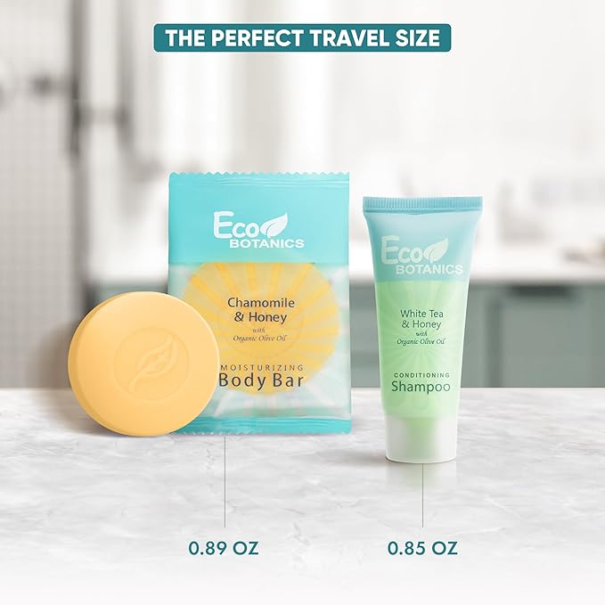 Eco Botanics Hotel Soaps and Toiletries Bulk Set | 1-Shoppe All-In-Kit Amenities for Hotels & Airbnb | 0.85 Conditioning Shampoo & oz Bar Soap Travel Size | 100 pieces-Velvo Beauty