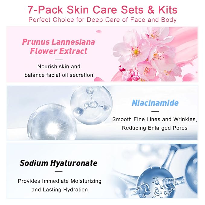 Skin Care Set JAPAN-SAKURA Women Beauty Gift Sets Skin Care Kit, Self-Care Skincare Set: Cleanser,Toner,Serum,Cream,Mud Mask,Eye Cream,Sunscreen, Facial Kit for Women Teen Girls Mom Daughter 7pcs-Velvo Beauty