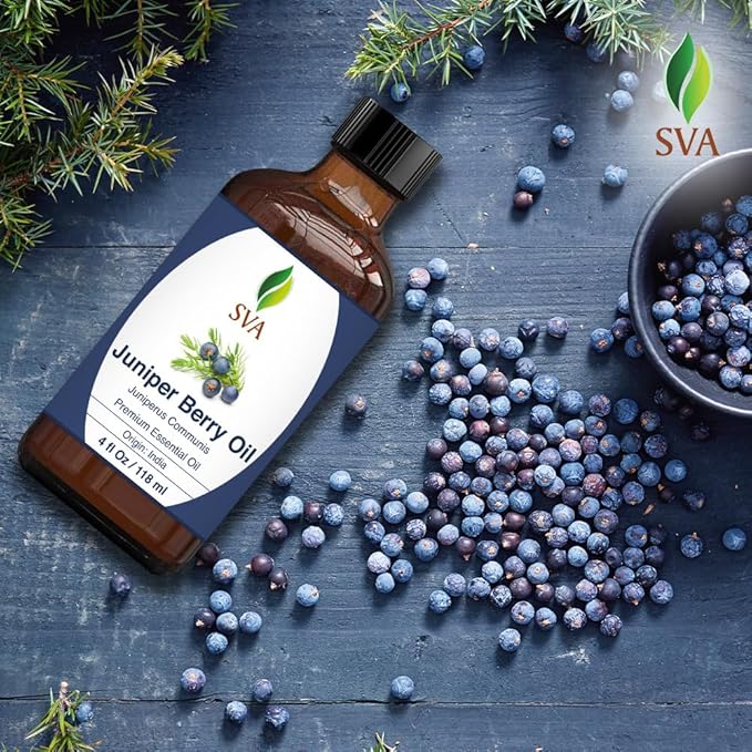 SVA Juniper Berry Essential Oil – 4 Fl Oz – 100% Natural Juniper Oil - for Diffuser, Hair Care, Face, Skin Care, Aromatherapy, Scalp and Body Massage, Soap and Candle Making – with Dropper-Velvo Beauty