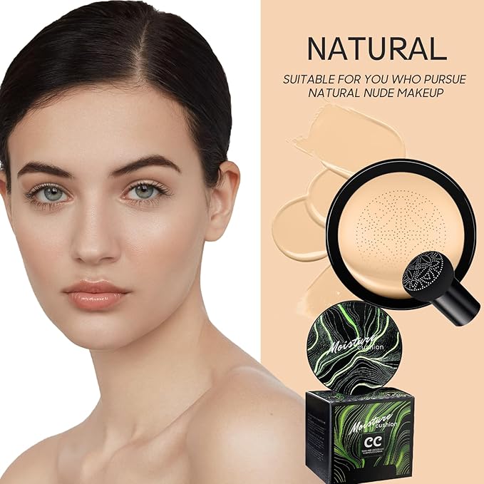 Mushroom Head Air Cushion CC Cream - BB Cream Foundation Makeup Moisturizing Concealer Long-Lasting, Cushion Foundation Full Coverage Self Adjusting for Mature Skin & All Skin Types (Natural)-Velvo Beauty