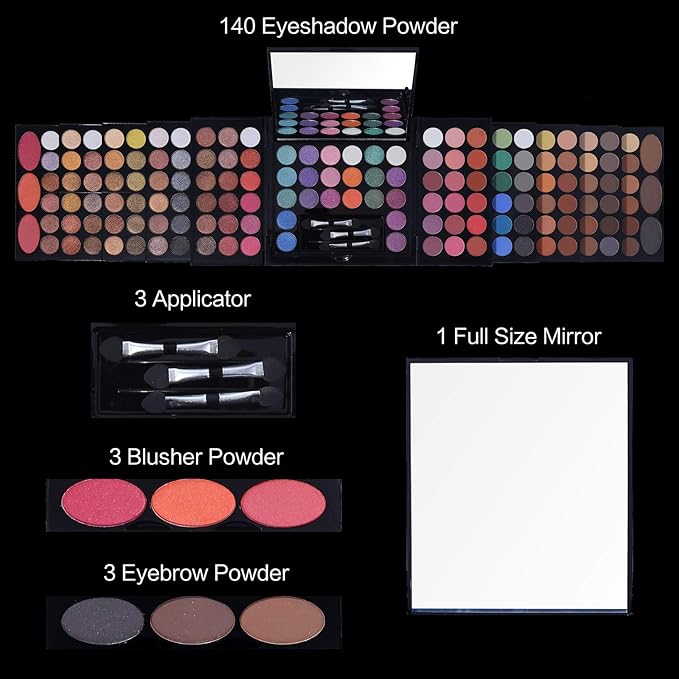 All In One Makeup Kit 142 Ultimate Colors Matte Shimmer Eyeshadow Palette Colorful Gifts For Women 3 blush 3 Sponge Brushs 3 Eyebrow Powder Professional Cosmetics Fashion Women Makeup Case Full Make U-Velvo Beauty