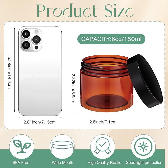 SATINIOR 24 Pieces Empty Clear Plastic Jars with Lids Round Storage Containers Wide Mouth for Beauty Product Cosmetic Cream Lotion Liquid Butter Craft and Food(Amber Lid,6 oz)-Velvo Beauty