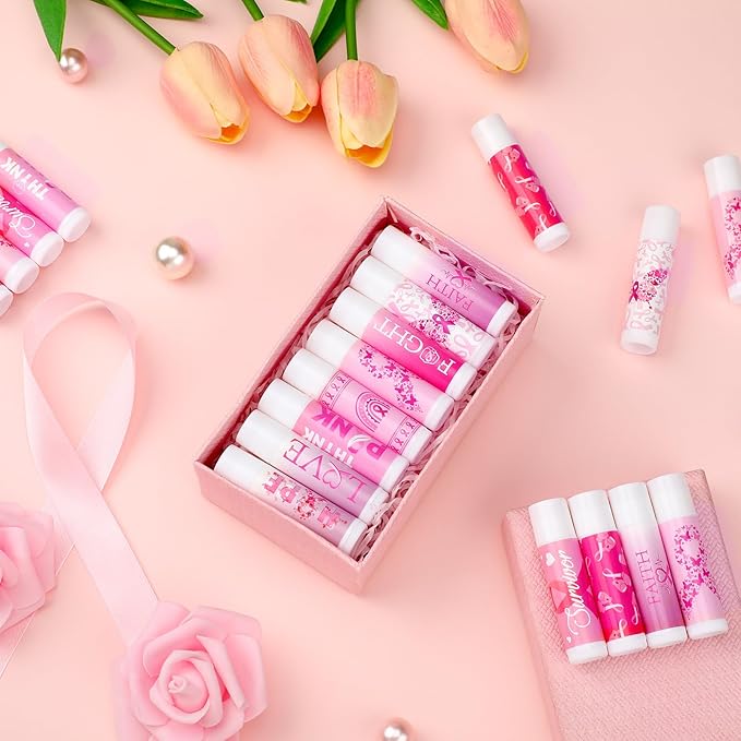 50 Pack Breast Cancer Awareness Favors Bulk Lip Balms Gifts Pink Ribbon Lip Balms Favors Breast Cancer Awareness Month Accessories Support Party Items Decorations for Women Men Survivors-Velvo Beauty