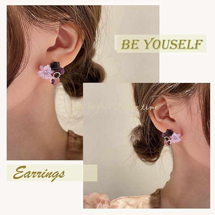 Boho Amethyst Flower Drop Earrings Vintage Purple Rhinestones Flora Petal Earrings Statement Purple Rose Studs Wedding Prom Geometric Crystal Flower Earrings Jewelry for Women-Velvo Beauty