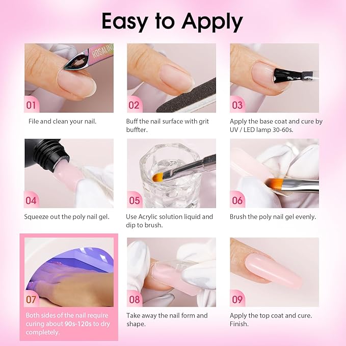 ROSALIND Poly Nail Gel Kit -12 Colors + Nail Art Accessories kit Clear Nude Poly Nails Gel Kit Starter Kit With Slip Solution Pro Nude Pink Nail Extensions Gel Set with Mini UV Lamp-Velvo Beauty