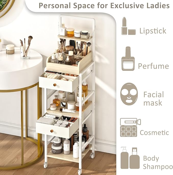Wisdom Star Makeup Organizer Cart with 2 Drawers, Floor Skincare Organizers, Makeup Storage, Vanity Organizer, Cosmetics Display, Versatile Skin care Perfume Nail Polish Storage Rack for Bathroom-Velvo Beauty