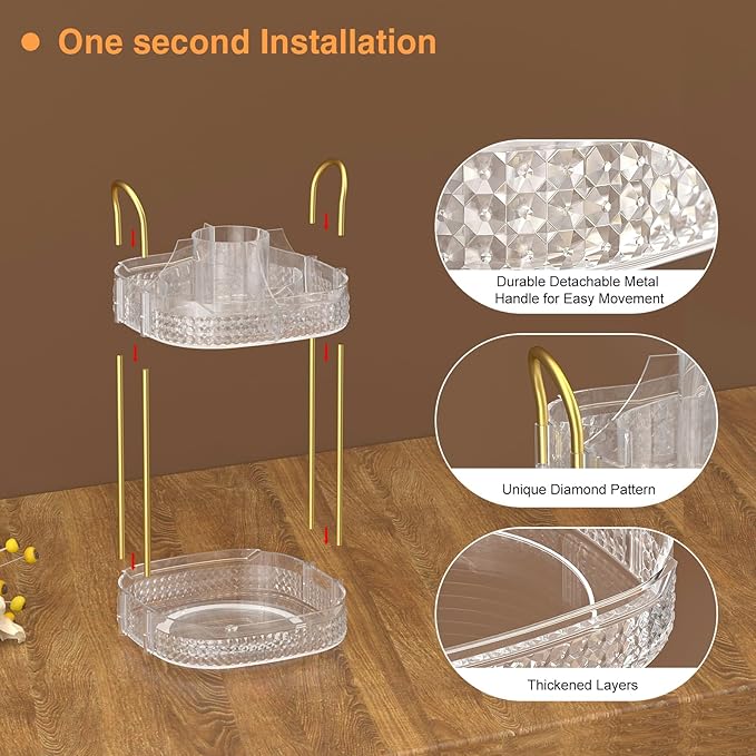 Awenia Rotating Makeup Organizer 360, Stackable Adjustable Large Capacity Cosmetic Storage Unit,Dresser Bathroom Kitchen Countertop Organizer with Metal Handle, Plus Size (Clear, 2 Tier)-Velvo Beauty