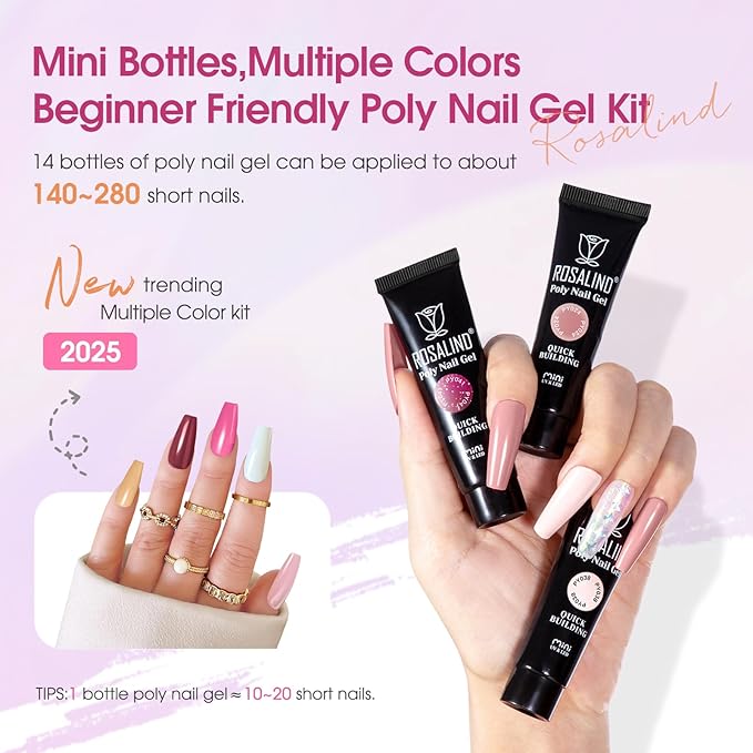 ROSALIND Poly Nail Gel Colors Kit -14 Colors +72 Nail Art Accessories kit Glitter Poly Nails Gel Kit Starter Kit with Mini UV Lamp Slip Solution Nude Pink Poly Nail Art for Beginners with Everything-Velvo Beauty