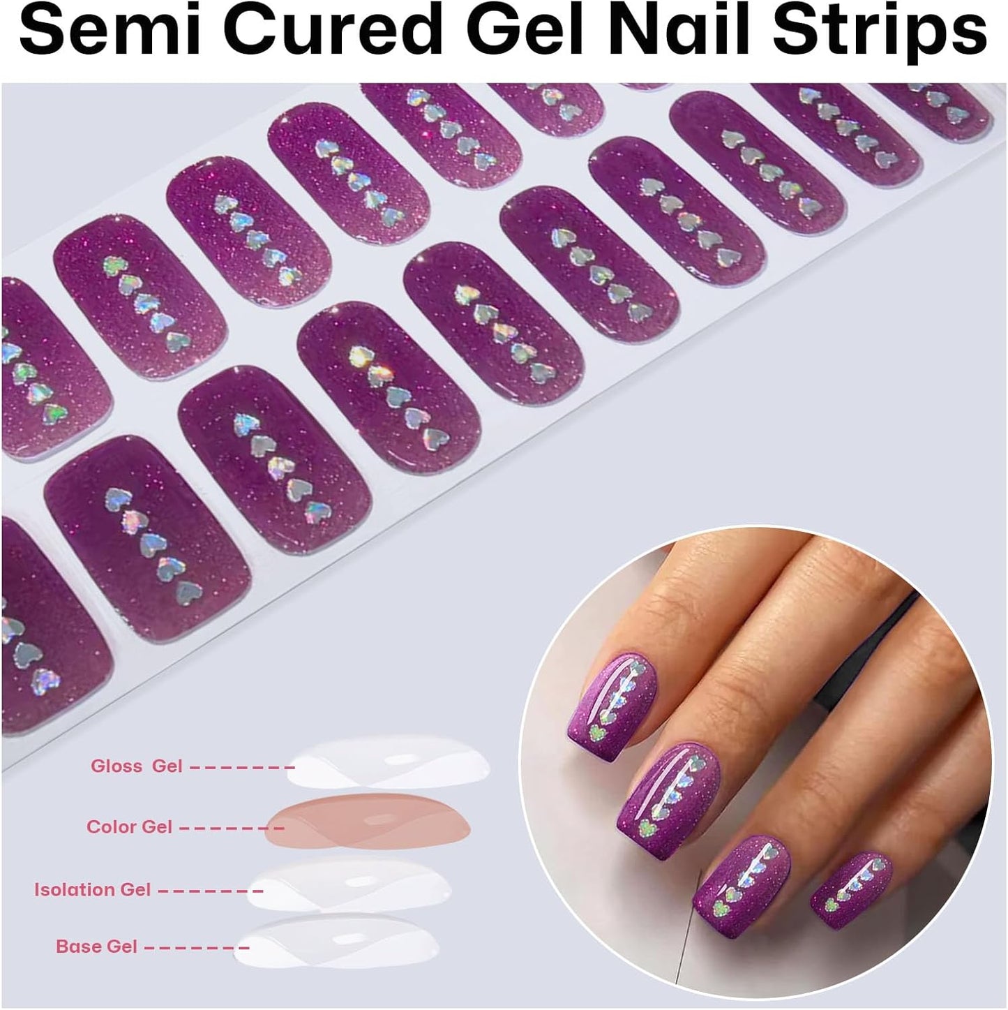 Semi Cured Gel Nail Strips with Heart/Love Designs Gel nail stickers Purple Glitter Nail strips stickers Salon Quality & Easy to Use 20 Pcs for Women-Velvo Beauty