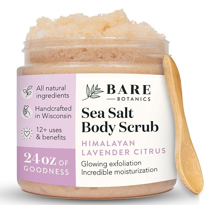 Bare Botanics Lavender Grapefruit Body Scrub 24 oz - Naturally Scented Himalayan Salt Scrub Made in Madison WI - Formulated w/Skin Loving Moisturizers - Cruelty Free Exfoliator w/a Cute Wooden Spoon-Velvo Beauty