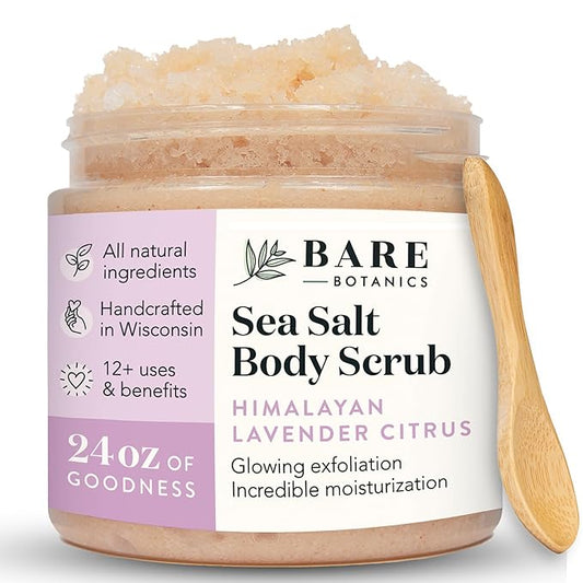 Bare Botanics Lavender Grapefruit Body Scrub 24 oz - Naturally Scented Himalayan Salt Scrub Made in Madison WI - Formulated w/Skin Loving Moisturizers - Cruelty Free Exfoliator w/a Cute Wooden Spoon-Velvo Beauty