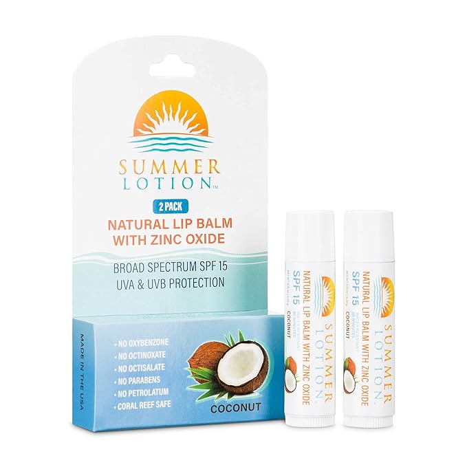 Natural Lip Balm with Zinc Oxide Sunblock by Summer Lotion, SPF 15 Lip Sunscreen 2-Pack, Water Resistant Chapstick, SPF Lip Protection for Everyone, (Coconut)-Velvo Beauty
