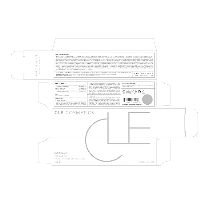 CLE Cosmetics CCC Cream (Neutral Medium Light 201 / SPF 50) - Color Correcting CC Cream with Sunscreen - Lightweight, Hydrating, Light to Medium Coverage Foundation - BB & CC Hybrid - 1 fl oz-Velvo Beauty